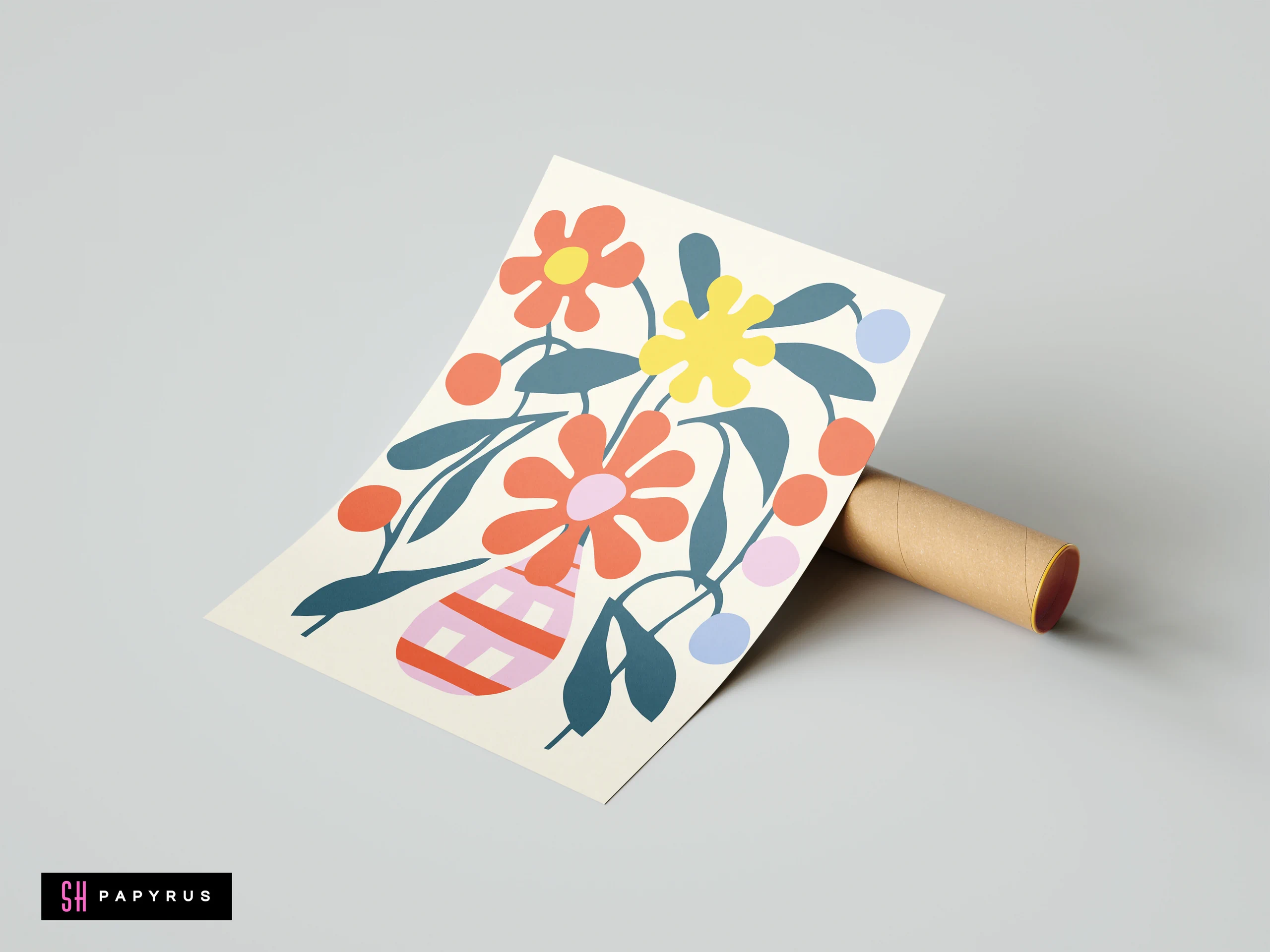 Whimsical boho art print featuring orange and yellow flowers in a pink striped vase.