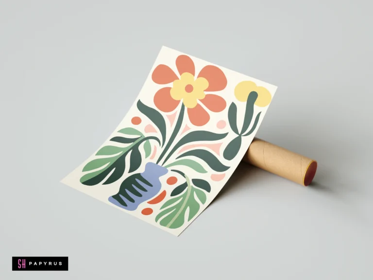Modern abstract botanical art print with blue vase, red flower, and green foliage.