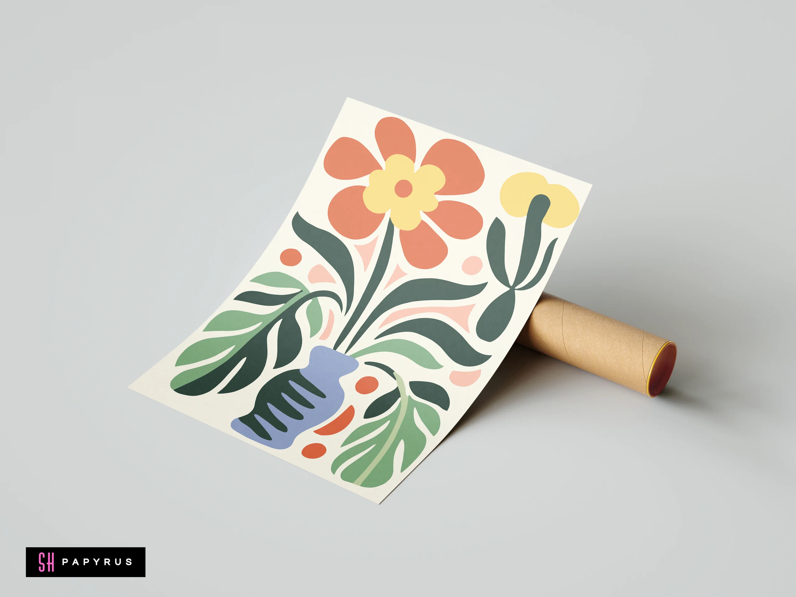 Modern abstract botanical art print with blue vase, red flower, and green foliage.