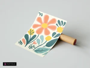 Large peach flower boho art print with teal and yellow botanical elements on cream background.