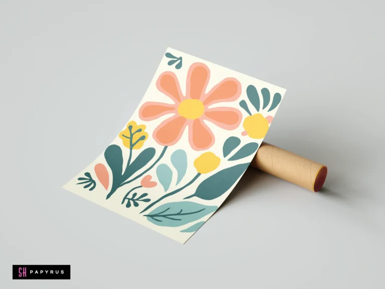 Large peach flower boho art print with teal and yellow botanical elements on cream background.