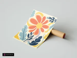 Retro orange daisy art print featuring abstract blue and yellow botanical floral illustrations.