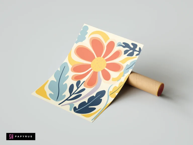 Retro orange daisy art print featuring abstract blue and yellow botanical floral illustrations.