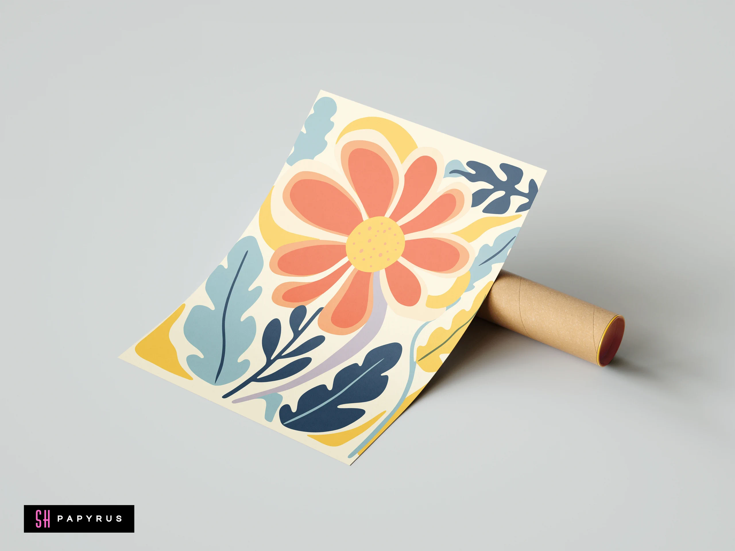 Retro orange daisy art print featuring abstract blue and yellow botanical floral illustrations.