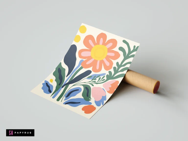 Abstract botanical art print with a large orange flower, pink accents, and blue-green leaves.