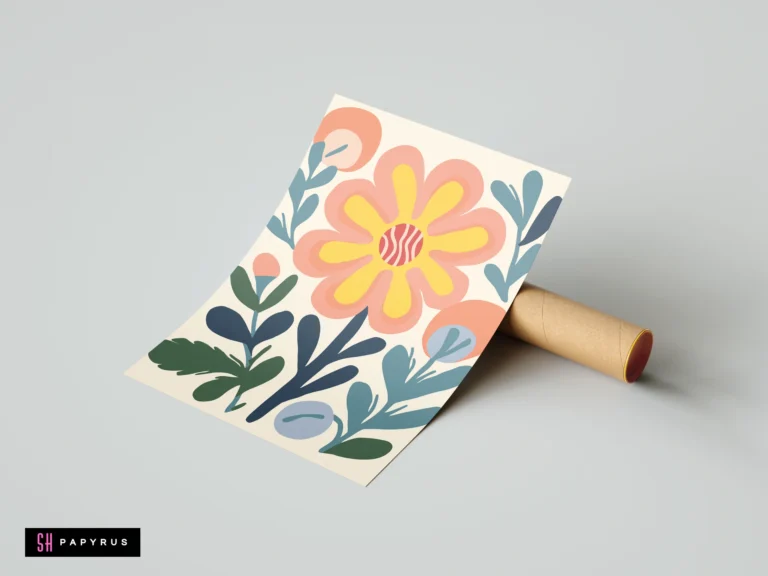 Retro yellow and pink boho flower print with stylized botanical leaves on cream background.