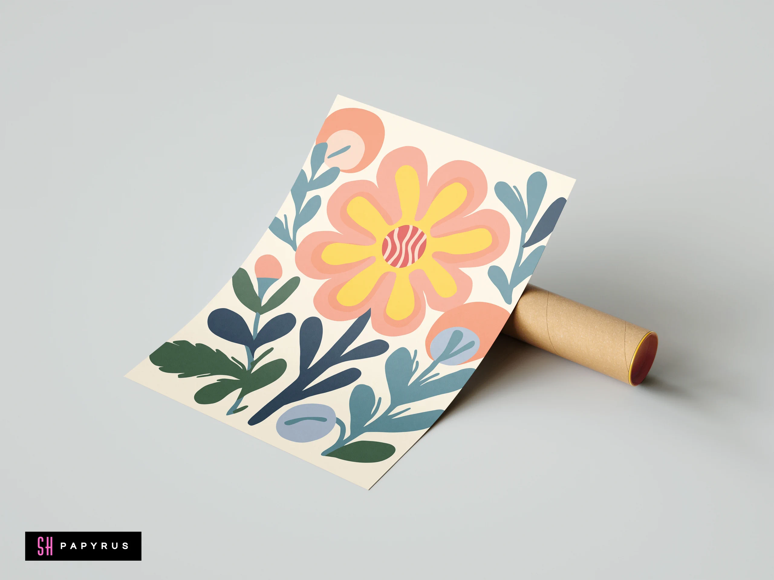 Retro yellow and pink boho flower print with stylized botanical leaves on cream background.