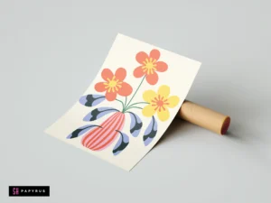 Stylized red and yellow flowers in a pink striped vase botanical art print.