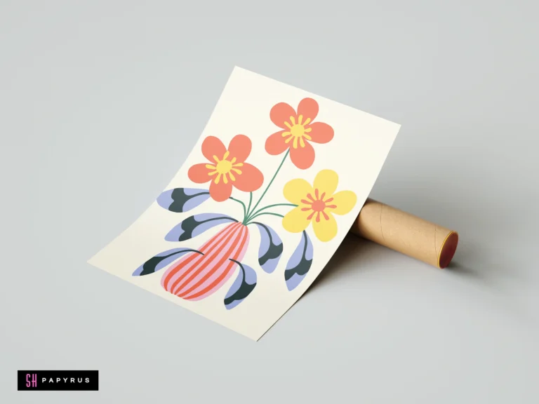 Stylized red and yellow flowers in a pink striped vase botanical art print.