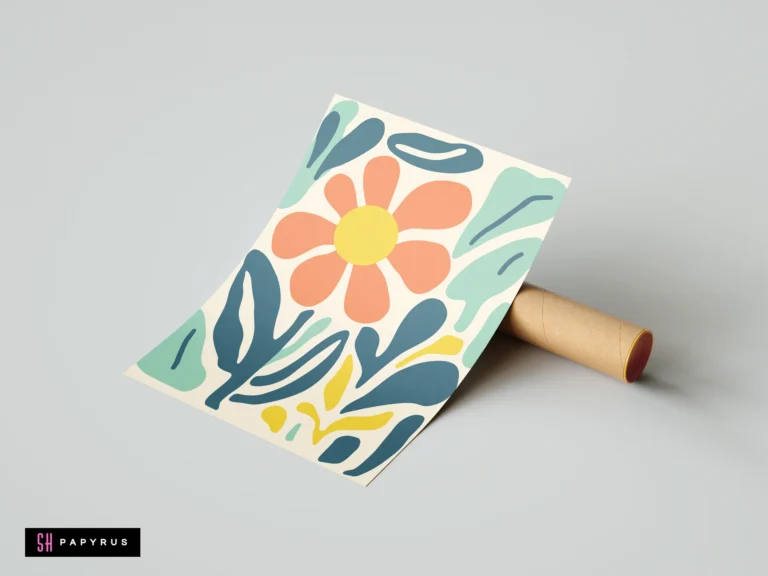 Abstract boho botanical print featuring a large orange flower and teal leaves on cream background.