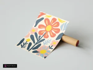 Colorful boho botanical art featuring abstract red and pink floral designs with blue leaves.