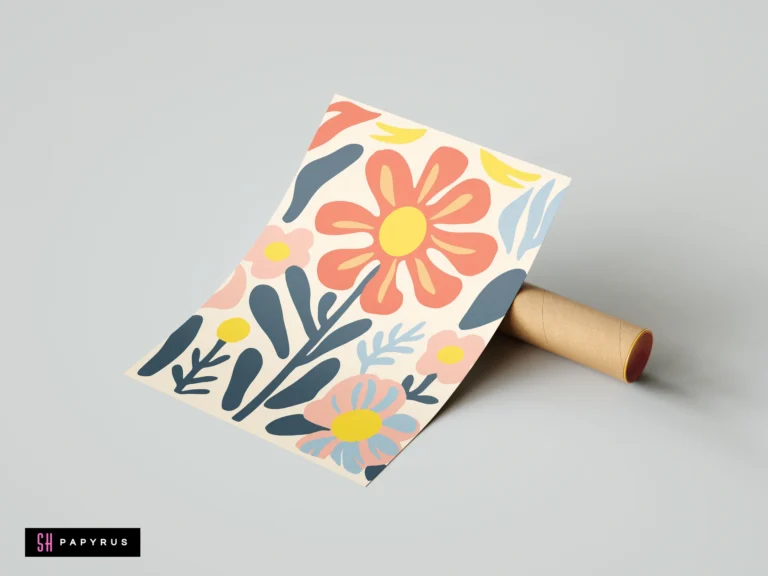 Colorful boho botanical art featuring abstract red and pink floral designs with blue leaves.
