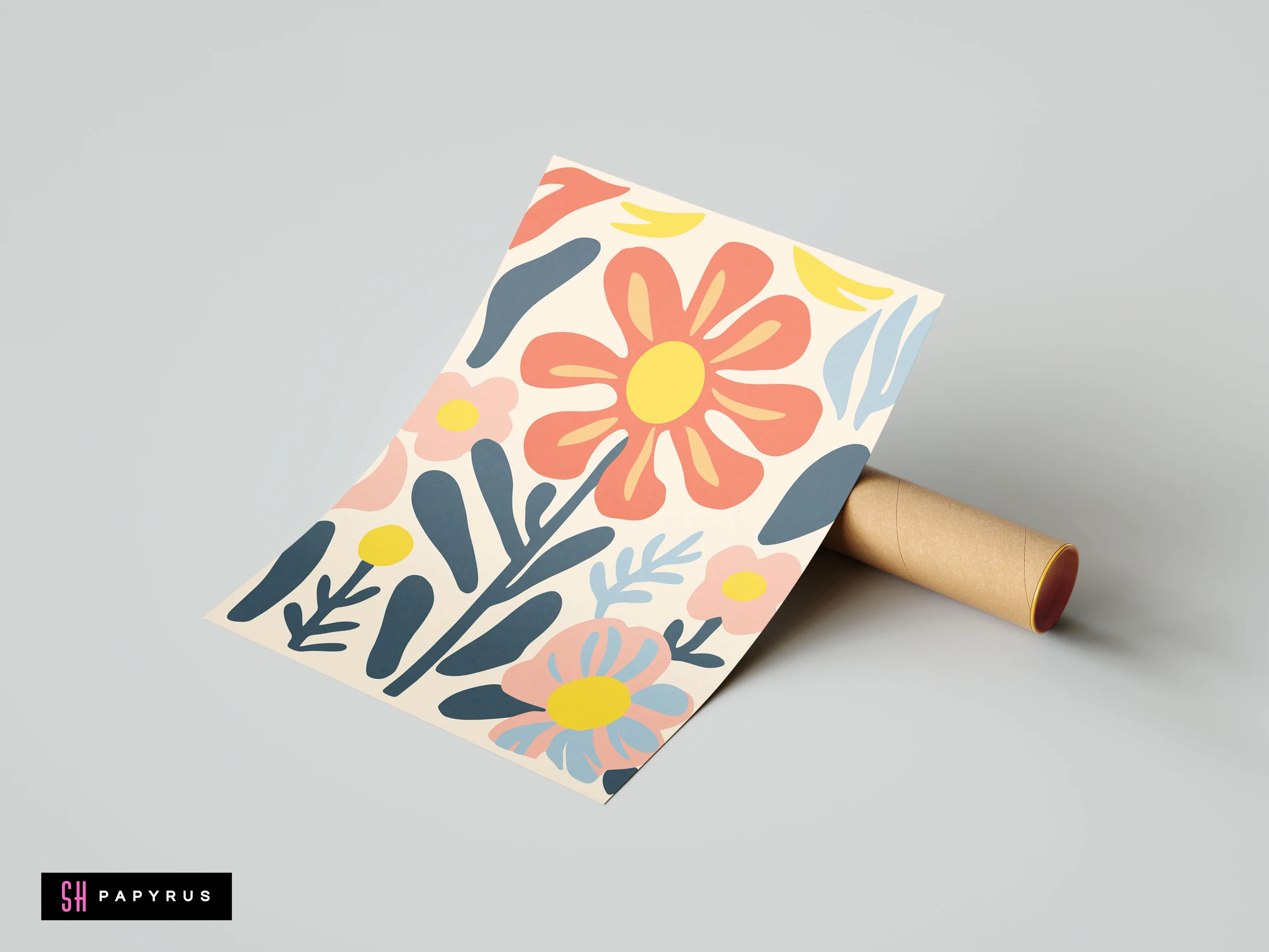 Colorful boho botanical art featuring abstract red and pink floral designs with blue leaves.