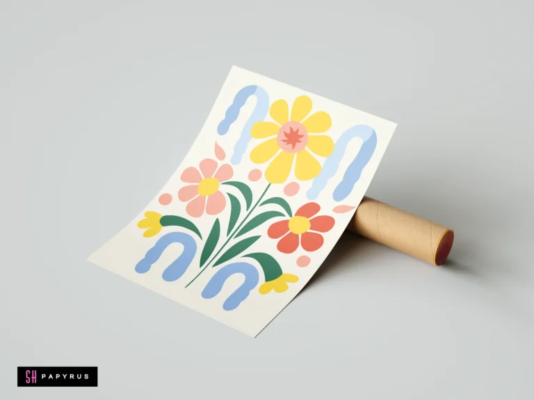 Modern whimsical botanical print featuring colorful yellow flowers and blue abstract arch shapes.