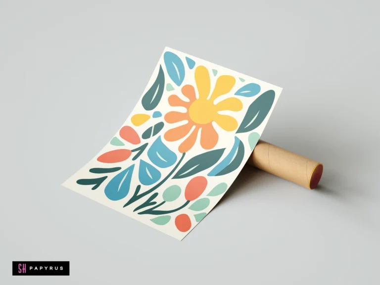Abstract orange bloom and blue leaf art print in a minimalist modern botanical style.