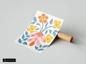 Abstract botanical art print featuring pastel pink, yellow, and orange flowers with blue leaves.