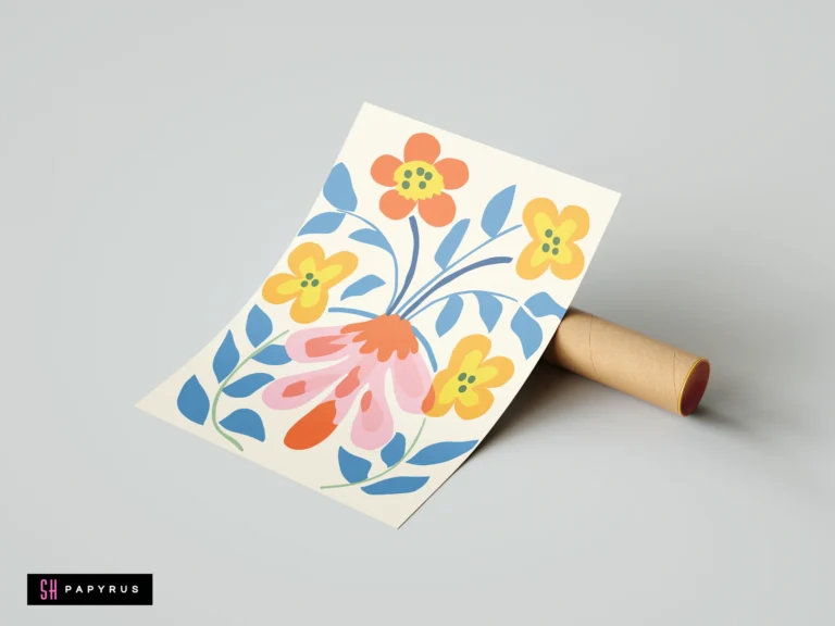 Abstract botanical art print featuring pastel pink, yellow, and orange flowers with blue leaves.