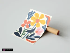 Colorful boho botanical art print with yellow and pink flowers and navy blue leaves.