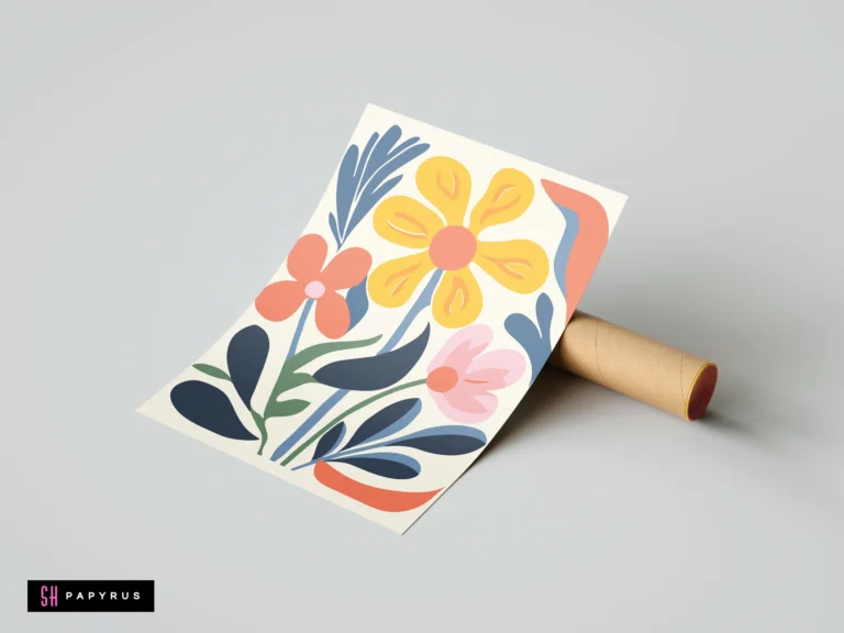 Colorful boho botanical art print with yellow and pink flowers and navy blue leaves.