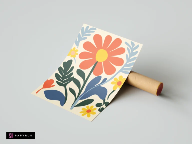 Bold red daisy art print featuring minimalist blue leaves and colorful botanical elements.