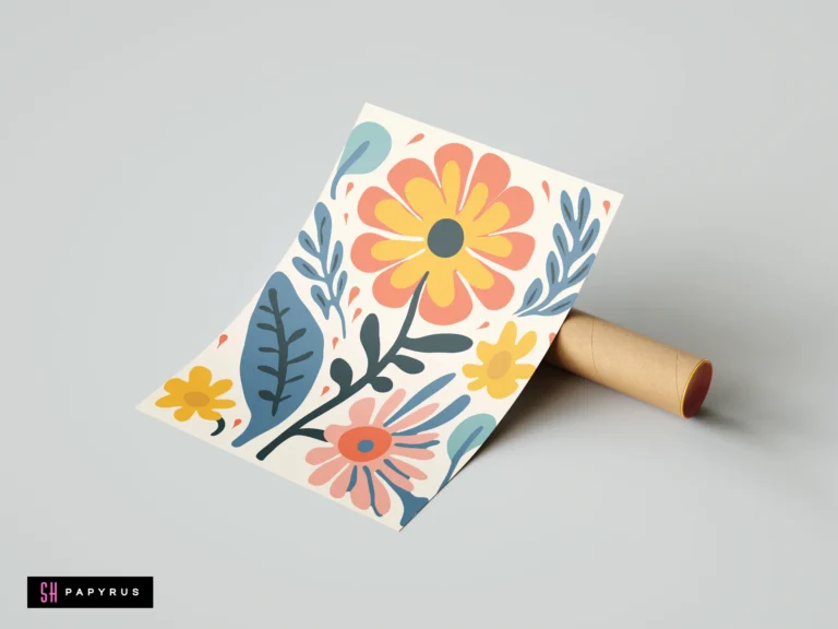 Boho botanical art print featuring vibrant orange flowers and blue leaves in a flat style.