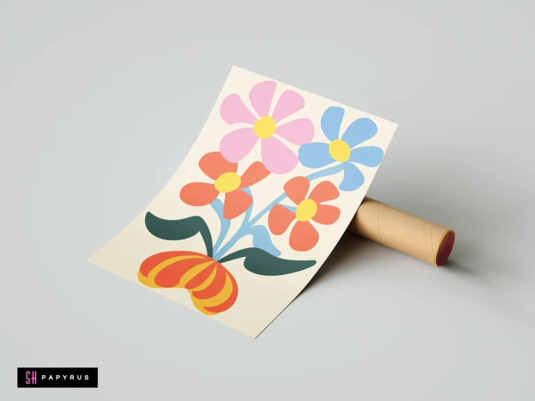 Retro pop art print featuring colorful pink, blue, and orange flowers in a striped vase.