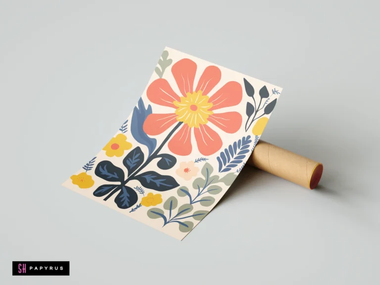 Modern red flower art print with stylized blue and green botanical elements.