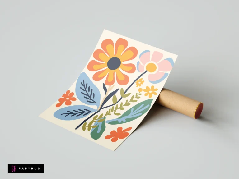 Retro orange and pink flower print with blue leaves in a 70s botanical style.