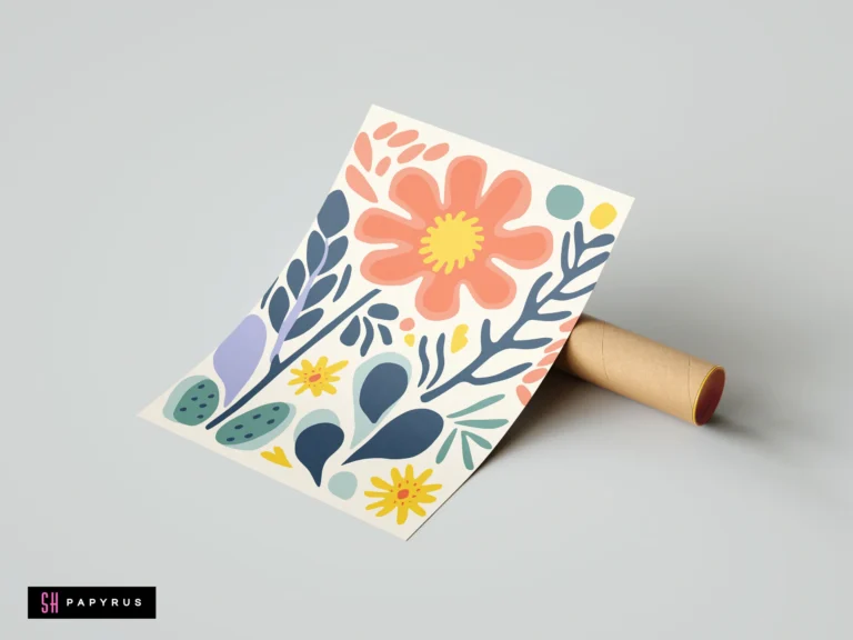 Abstract red flower art print with funky colorful botanical shapes and blue leaves.