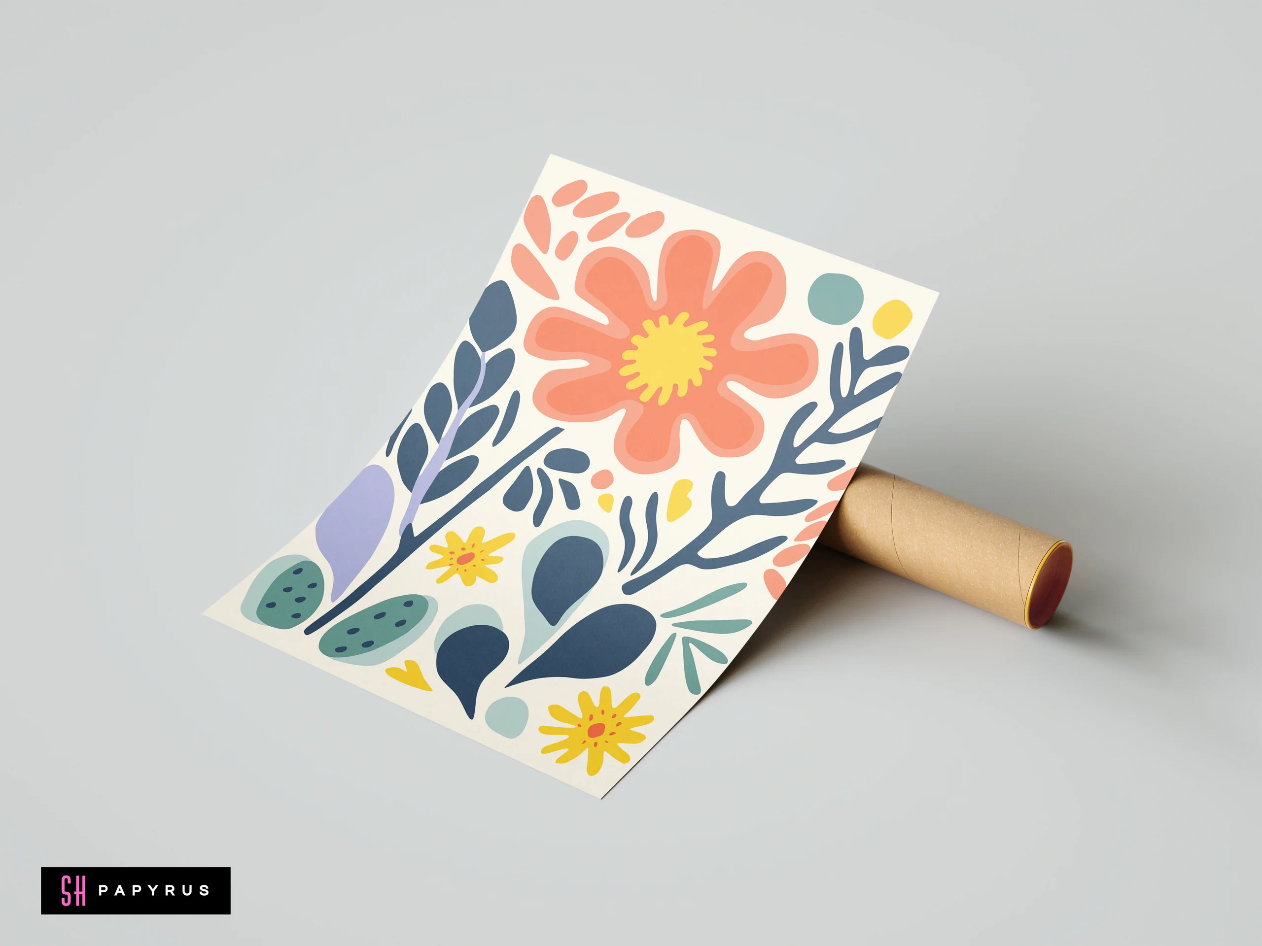 Abstract red flower art print with funky colorful botanical shapes and blue leaves.