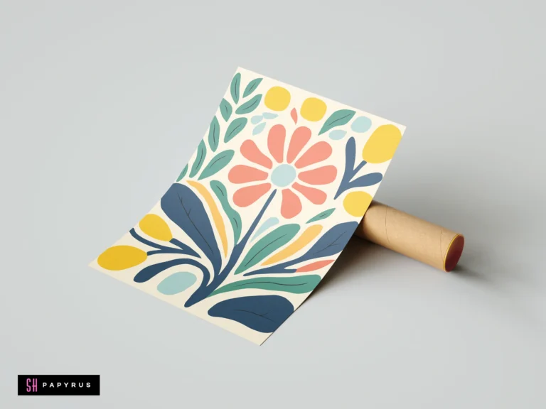Modern botanical art print with a red daisy, abstract blue leaves, and yellow buds.
