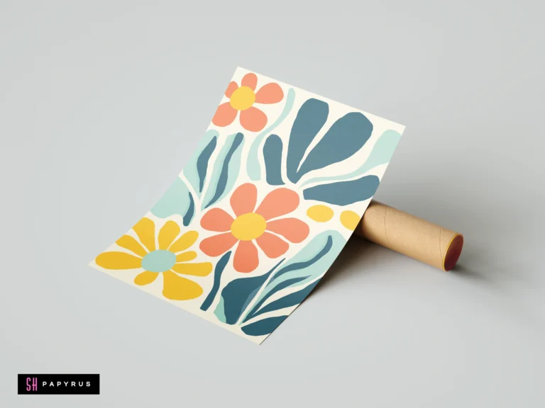 Abstract botanical art print featuring pink, yellow, and blue floral shapes in minimalist style.