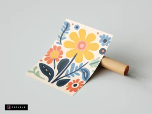 Retro folk art print featuring stylized yellow and orange flowers with blue botanical leaves.