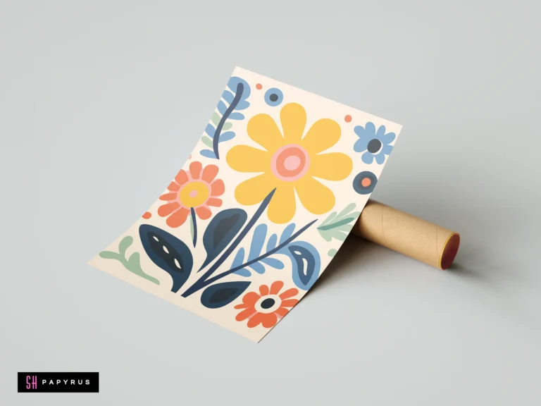Retro folk art print featuring stylized yellow and orange flowers with blue botanical leaves.