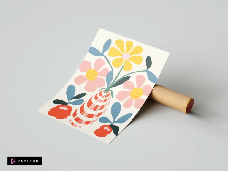Boho botanical art print featuring pink and yellow flowers in a red striped vase.