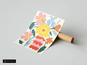 Modern botanical art print featuring a large yellow flower in a wavy pink vase.