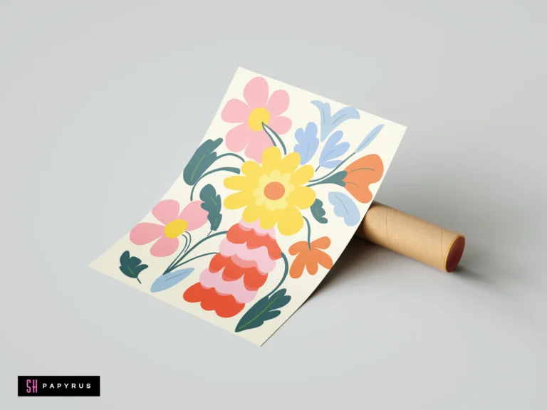 Modern botanical art print featuring a large yellow flower in a wavy pink vase.