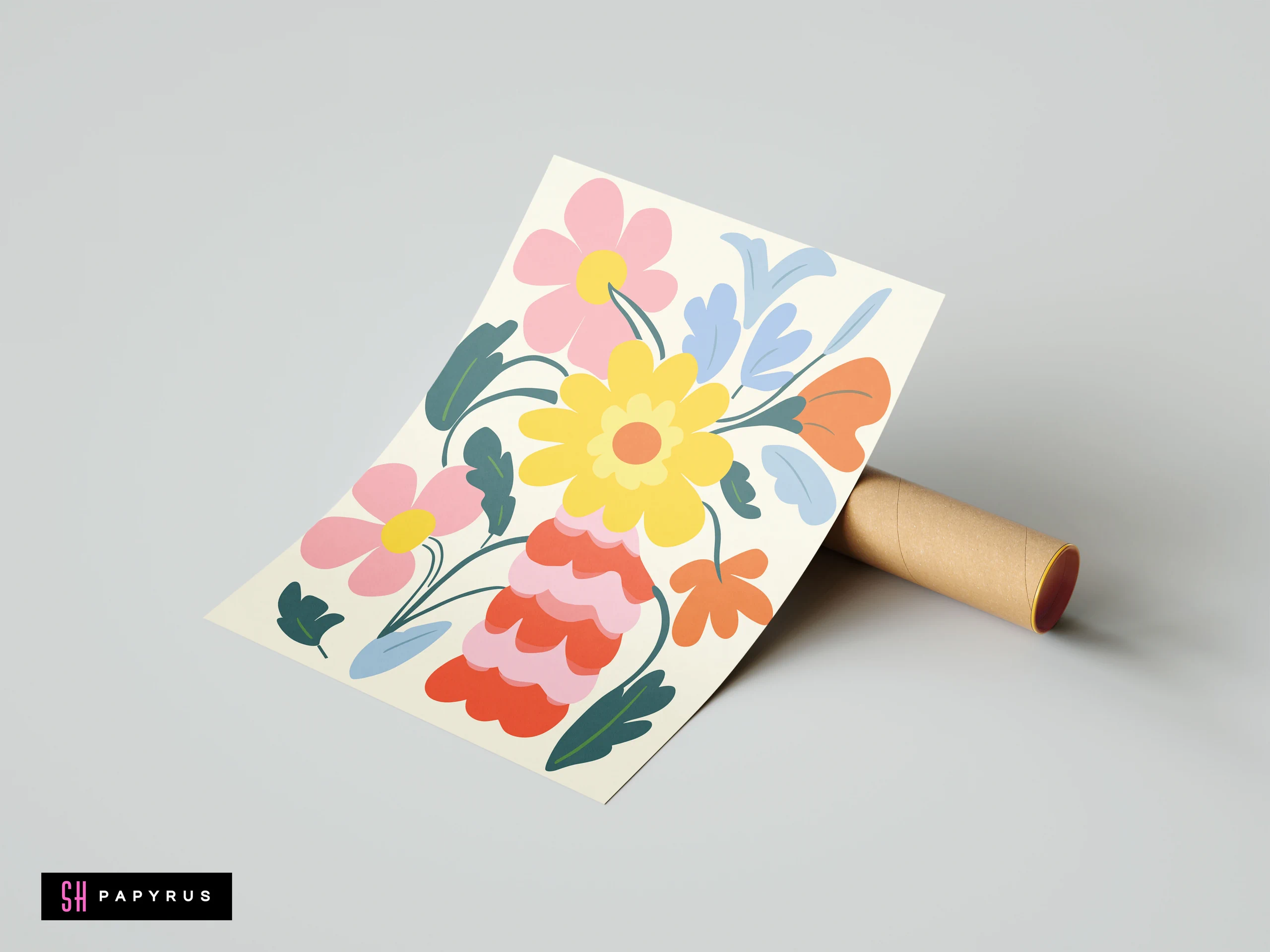 Modern botanical art print featuring a large yellow flower in a wavy pink vase.