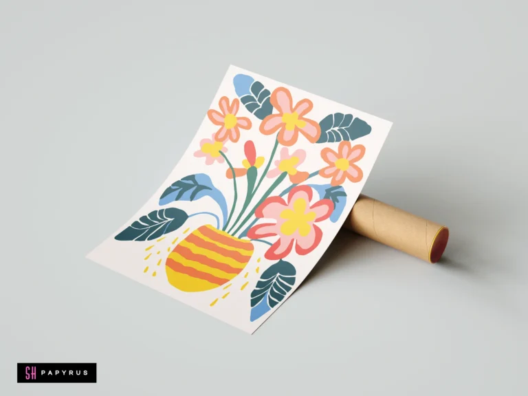 Boho art print featuring colorful pink flowers in a striped yellow vase.