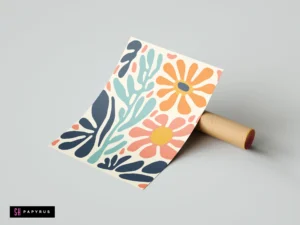 Abstract orange and pink floral print with teal and navy blue boho botanical shapes.