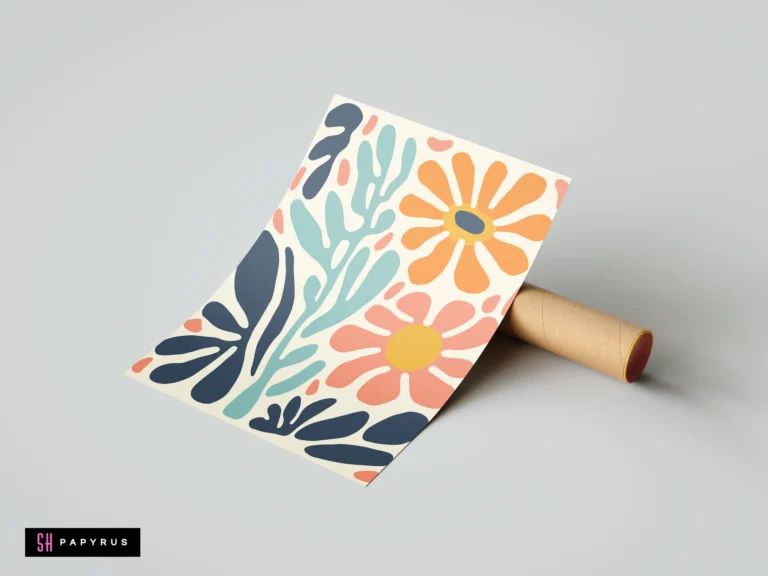 Abstract orange and pink floral print with teal and navy blue boho botanical shapes.