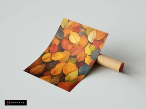 Vibrant botanical collage art print with colorful autumn leaves in orange, yellow, and red hues.