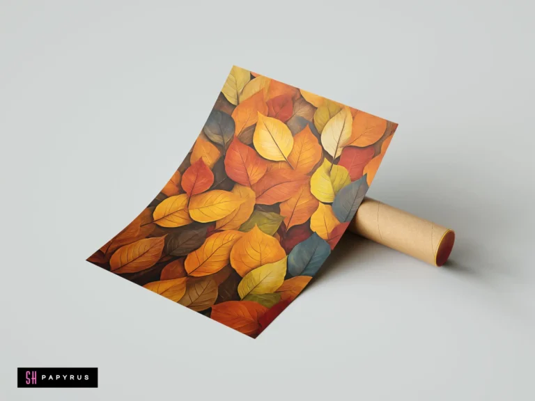 Vibrant botanical collage art print with colorful autumn leaves in orange, yellow, and red hues.