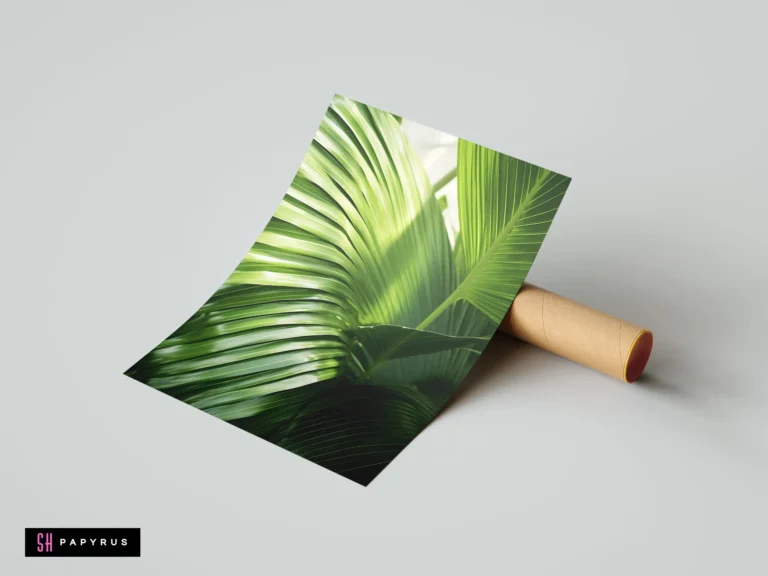 Bright green botanical art print featuring detailed palm leaf textures and abstract linear patterns.
