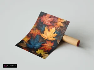 Rustic textured art print featuring vibrant blue, orange, and red autumn maple leaves.