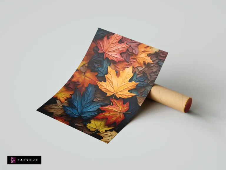 Rustic textured art print featuring vibrant blue, orange, and red autumn maple leaves.