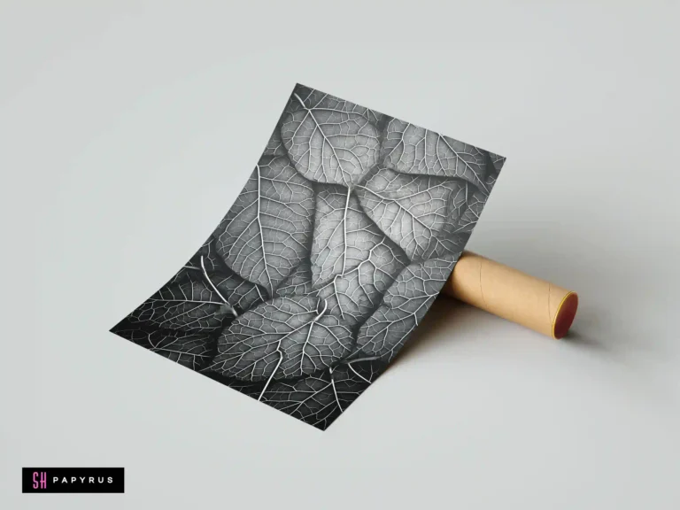 Abstract monochrome botanical print with intricate white leaf vein textures on a dark background.