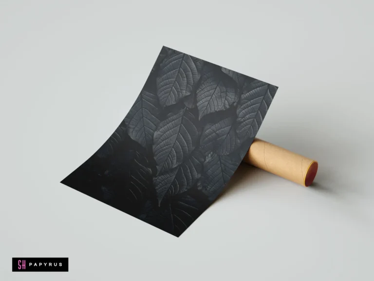 Striking monochrome black botanical art print featuring highly textured overlapping leaves and intricate vein patterns.