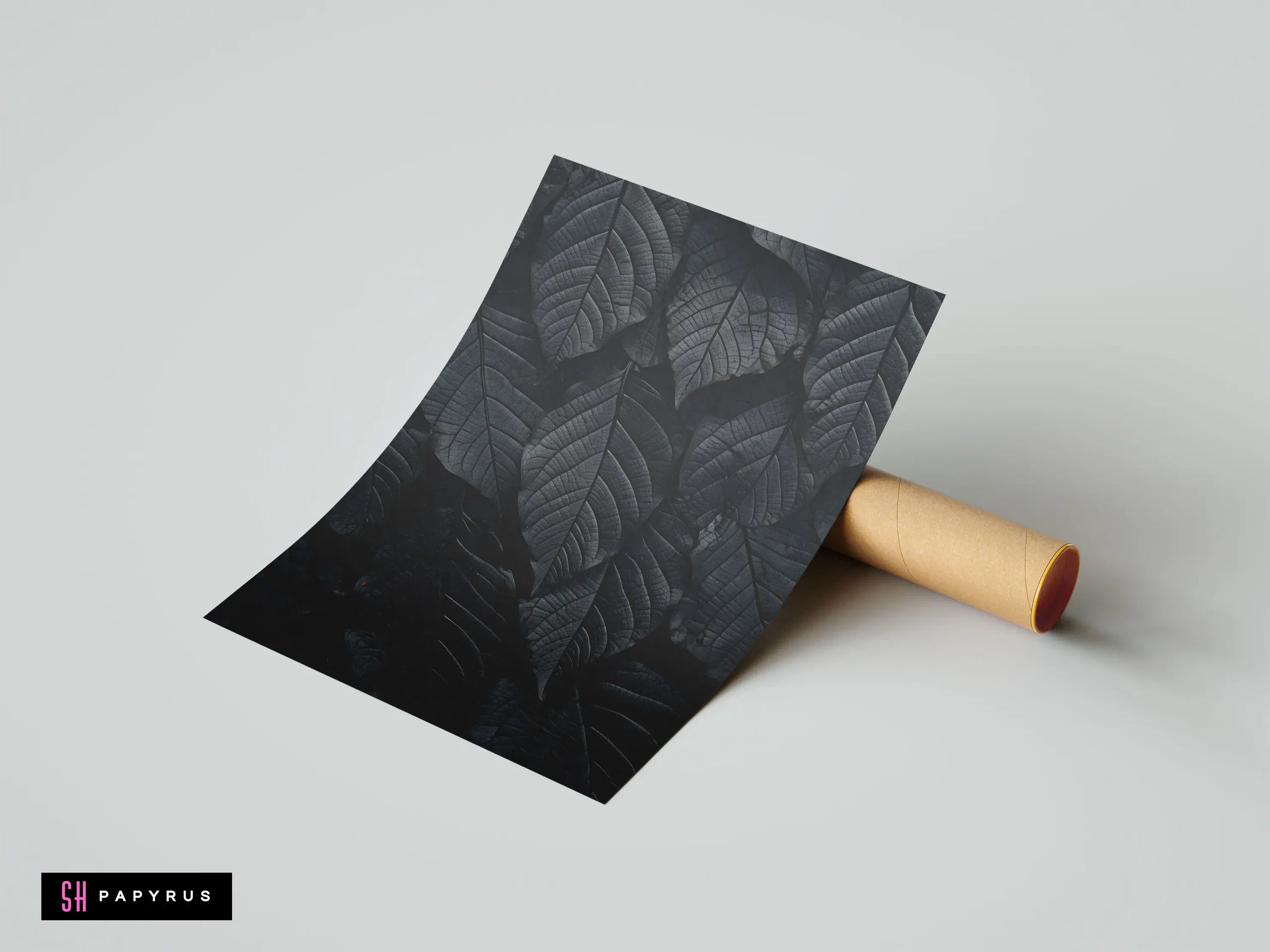 Striking monochrome black botanical art print featuring highly textured overlapping leaves and intricate vein patterns.