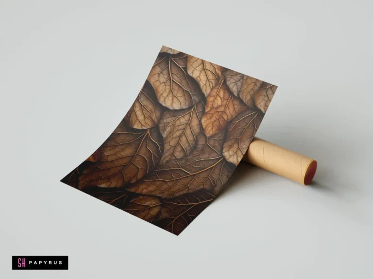Textured botanical art print featuring overlapping dry autumn leaves in rich earthy brown tones.